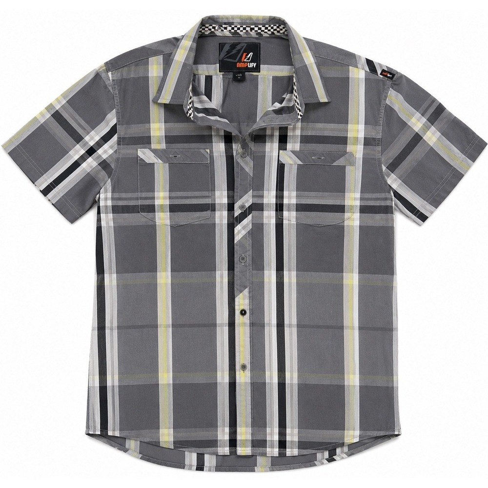 Amplify Mens Short Sleeve Button Up Shirt Grey Plaid Checkered Trim Size M
